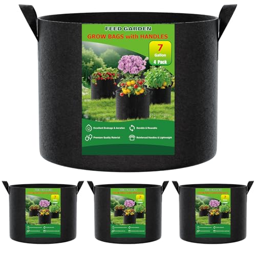 FEED GARDEN 7 Gallon Grow Bags 4 Pack – 300G Thickened Non-Woven Fabric Pots Double-Stitched Handles, Breathable Drainage Planters for Peppers,Tomatoes, Strawberries & Flowers, Indoor Outdoor - size: 7 Gallon