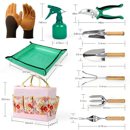 Garden Tool Set, 10 PCS Gardening Tools/Kit for Women,Gardener Gift - color: Pink