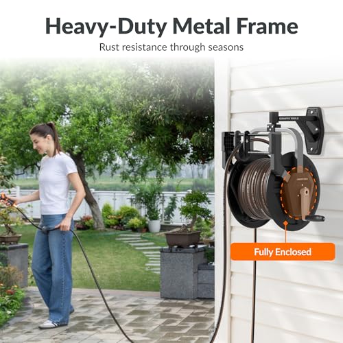 Giraffe Tools Garden Hose Reel Wall Mount, 125FT 5/8" Hose Capacity, Heavy Duty Water Hose Reel, Hose Guide Pre-Installed with Crank, 210° Swivel, for Yard Lawn Garage