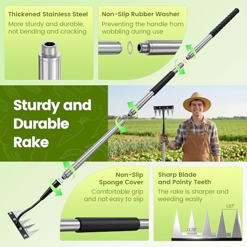 Iron Weeding Rake with Long Handle, Manual Weeder Tool for Garden