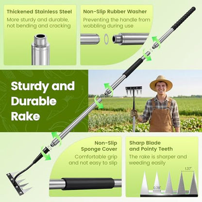 Iron Weeding Rake with Long Handle, Manual Weeder Tool for Garden