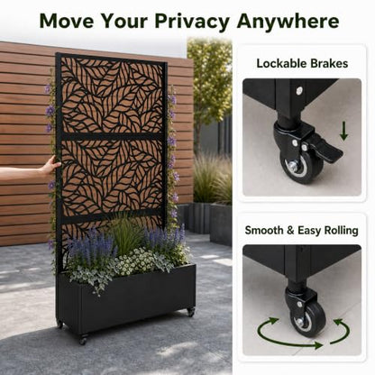 Metal Planter Box with Privacy Screen Trellis & Wheels, 73"x35"x15.6"