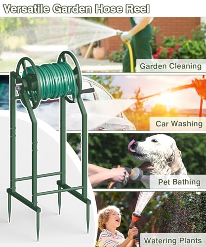 4-Spike Garden Hose Reel with 3.9ft Leader Hose & Stainless Fitting, Outdoor Hose Holder holds 125ft Hose of 5/8", Freestanding Metal Hose Stand for Outside Yard Lawn, Green - color: Green