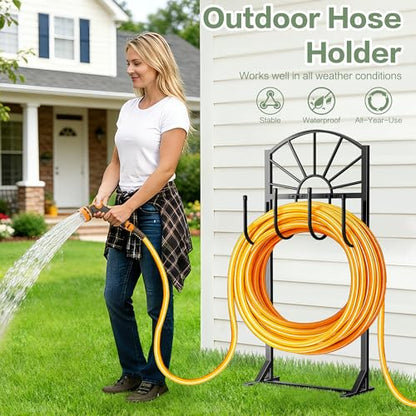 Garden Hose Holder, Upgraded Metal Water Hose Holder with 4 Hooks, Freestanding Heavy Duty Hose Hanger Stand Holds 150 FT Hoses, Detachable Hose Storage Rack for Outside Yard Lawn Farm (Black, Sun) - style: 4 Spikes-Sun