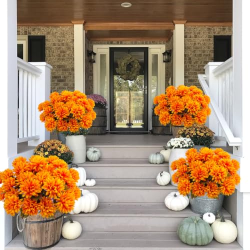 Fake Mums Flowers for Outdoors, 6 Pack 30 Heads Artificial Chrysanthemums Silk Fall Flower for Autumn Wedding Table Front Porch Halloween Diwali Cemetery Indoor Outside Decor (Orange) - color: Orange