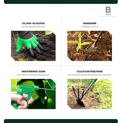 Gardening 9-Piece Heavy Duty Carbon Steel Gardening Tool Set – Rust-Proof, Ergonomic Non-Slip Handles with Durable Storage Tote Bag – Ideal Garden Gift by BRSS