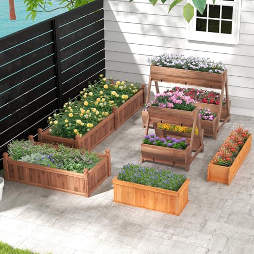 S AFSTAR Raised Garden Bed, 31” X 14” X 12” Fir Wood Rectangle Planter Box W/4 Drainage Holes & Detachable Base Plate, Raised Bed Planter Kit Box, Indoor & Outdoor Container for Patio Backyard - size: 31” x 14” x 12”