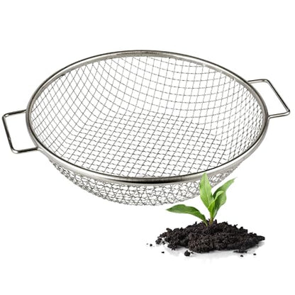 Round Soil Sifter, 3/8-inch Stainless Steel Sieve with Handles - size: 3/8 inch