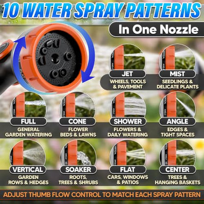 Garden Hose Nozzle, 10 Spray Patterns, Thumb Flow Control, Orange - color: Orange