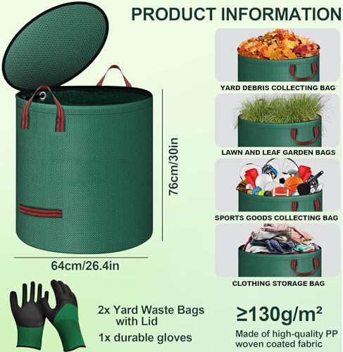 Reusable Yard Waste Bags with Lid, 2 Pack 72 Gallon Lawn and Leaf Garden Bags Heavy Duty with 4 Handles, Collapsible Garden Waste Container for Collecting Indoor Outdoor Debris Leaves Grass Clippings