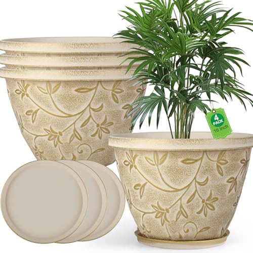 Nooulap 4 Pack 16 Inch Plant Pot with Drainage Hole, Beige - color: Beige, size: 16 inch