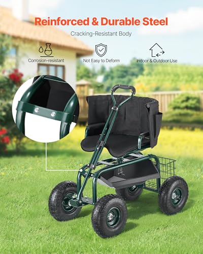VEVOR Garden Seat with Wheels, Rolling Garden Stool with Height Adjustable & 360° Swivel Seat, 400lbs Weight Capacity, Gardening Cart Bench, Ergonomic Backrest & Tool Storage, for Yard, Patio - color: Dark Green
