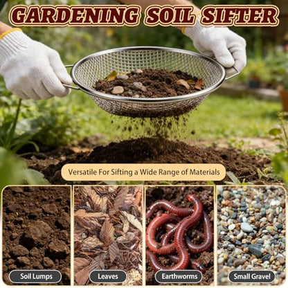 3PCS Soil Sifter 2,4,6mm Rock Sifting Screen with Handle Shovel Gloves - size: 3PCS(1/9in,1/6in,1/4in)