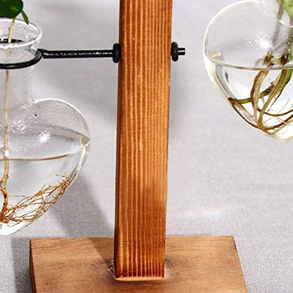 Kingbuy Heart Shaped Glass Hydroponic Vase with Retro Wooden Stand - Desktop Plant Terrarium for Bulb Planter, Water Plant Propagation Glass Vase Pot Planter Flower Desktop Decoration Home Garden - size: Heart （2 Bulb Vase）
