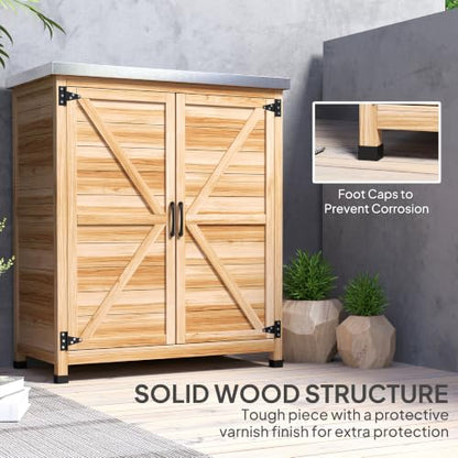 Outsunny Outdoor Storage Cabinet with Metal Tabletop Shelves Natural Wood - color: Natural Wood