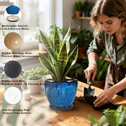 Ceramic Plant Pots With Saucer & Drainage Hole, 8 inch Indoor Flower Pots - color: Blue, size: 8 inch