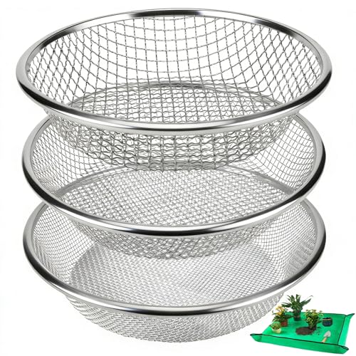 3PACK Soil Sifter for Gardening - Rock Sand Dirt Compost Sifter Fits 5-Gallon Buckets 1/4 Inch, 1/8 Inch, 3/8 Inch Mesh Sieve for Gravel, Dirt, Sawdust with Repotting Mat