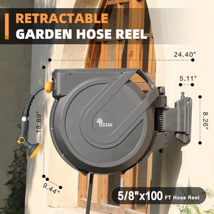 Retractable Garden Hose Reel 5/8 in x100 ft， Wall Mounted Hose Reel - color: Gray, size: 5/8"x100 ft