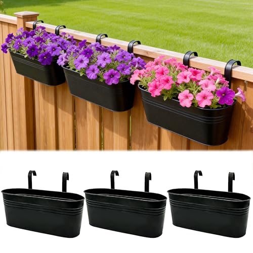Metal Railing Planter Boxes 16 Inch, 3-Pack Adjustable Hanging Flower Pots for Balcony, Deck, Porch & Fence, Detachable Hook Design, Black Heavy Duty Planters for Outdoor - color: Black, size: 16 Inch