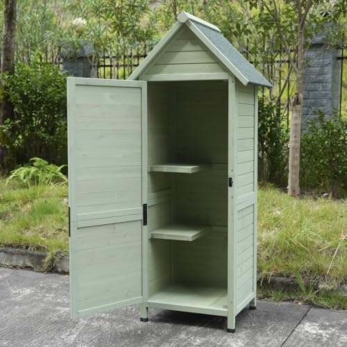 SUHPETNSOutdoor Wooden Storage Shed with Safety Latch & Adjustable Shelves, Weather‑Resistant Garden Tool Cabinet, Patio Storage Organizer (Light Green)