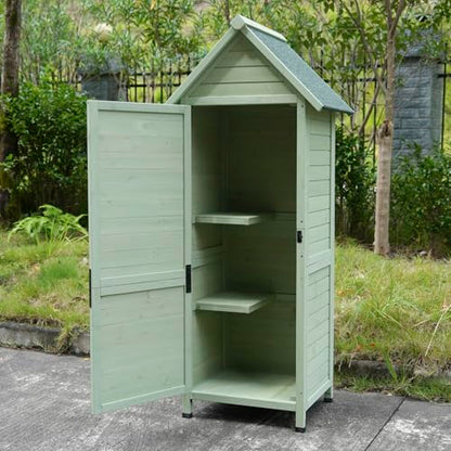SUHPETNSOutdoor Wooden Storage Shed with Safety Latch & Adjustable Shelves, Weather‑Resistant Garden Tool Cabinet, Patio Storage Organizer (Light Green)