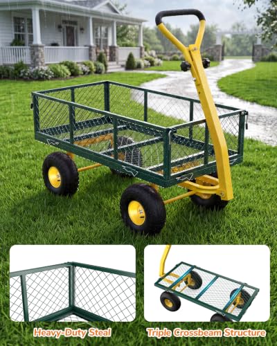 Firstness 900lbs Metal Garden Wagon Cart Large Garden Cart on Wheels, Green - color: Green, size: Updated 900 Lbs