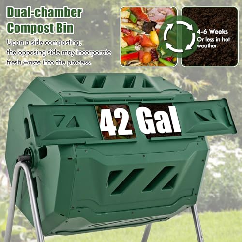 Goplus Compost Tumbler, 43 Gallon Rotating Compost Bin Barrel, Dual Chamber Tumbling Composter with Sliding Door, Gloves, Aeration System for Outdoor, Garden, Yard - color: Green, size: 43 Gallon