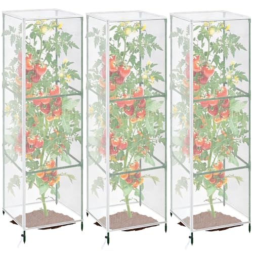 3 Pcs Garden Bird Barrier Plant Cover 55" x 16.5"- Fit Square Support (Max 15" D x 59" H) Tomato Cage Net with Zipper & Drawstring Foldable Trellis Guard Cover Bag for Protecting Plant - size: 55" x 16.5"