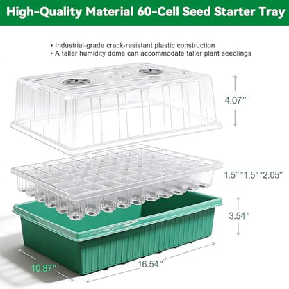 Seed Starter Tray with Grow Light,60-Cell Seedling Starter Kit with 4.07'' Humidity Dome,Plant Germination Trays for Indoor Seeds Starting,Magnetic Hygrometer & Locking Fasteners - color: 1 Pack 60cell Green
