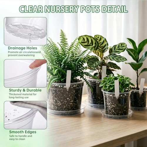 24Pack Clear Nursery Pots with Drainage - 4/6/8/10 Inch Plastic Plant Pots with Saucers & Plant Label, Large Clear Nursery Pots for Indoor Plants, Succulents, Flowers, Seedlings, Herbs, Vegetables