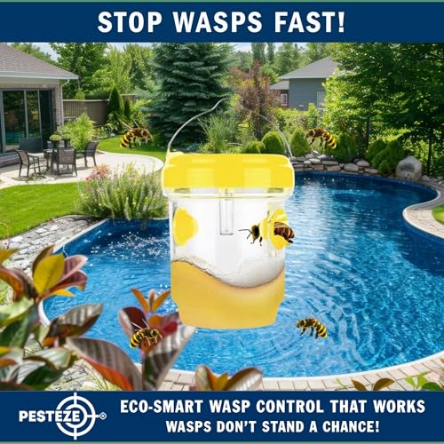 PESTEZE USA Reusable Solar Hanging Wasp Trap with LED Light [Yellow: 3.5 x 4.4 Inch] Attracts, & Kills Wasp, Hornet, Yellow Jacket & Insect Species 24/7 Without Harsh Chemicals Waterproof Outdoor Trap