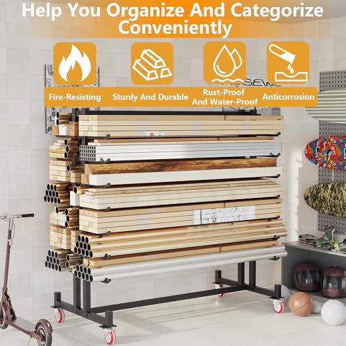 Lumber Storage Rack, Heavy-Duty 2000LBS Rolling Lumber Rack on Wheels, 7-Tier Wood Storage Rack with X-Braced Steel Frame, Pipe Rack Organizer Shelving Unit for Garage Workshop - style: With Wheel
