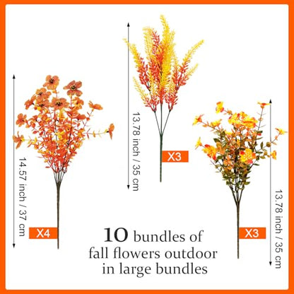 10 Bundles Artificial Mums for Outdoors Fake Fall Flowers Silk Flowers Plastic Plants UV Resistant No Fade for Outside Porch Garden Pots Planters Autumn Fall Decor (Fall)