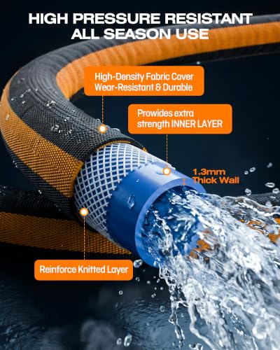 Garden Hose 50 ft, Flexible Lightweight Fabric Water Hose, Kink Free - color: Black-Orange, size: 50 FT