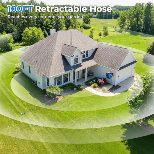 Retractable Garden Hose Reel, 1/2 Inch x 100 ft + 6.6 ft Heavy Duty Wall Mounted Hose Reel with 10 Patterns Nozzle, Any Length Lock, Upgraded Slow Return System, 180°Swivel Bracket and UV Resistant - size: 100 Ft