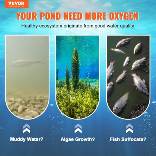 VEVOR Pond Aerator, 550W Power, 5.2CFM for Up to 3 Acre 50' Lake, Includes 3/4 HP Compressor & 2 100' Weighted Tubings & 2 Diffusers, Air Compressor for Deep Water Oxygen Circulation - size: 2 diffusers