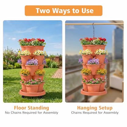 VECELO 5 Tier Vertical Garden Planter, Self Watering Stackable Planters with Wheels for Strawberries, Herbs, Flowers, Vegetables, Red - color: Red, size: 5 Tier