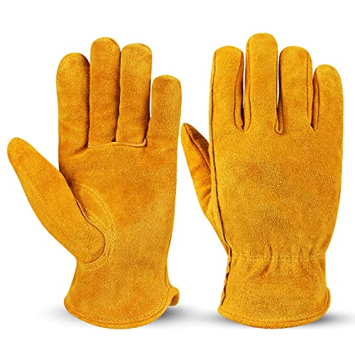 OZERO Leather Work Gloves, Gardening Gloves, Cowhide, Mesh Lining, X-Large - color: Gold With Mesh Linning (1 Pair), size: X-Large