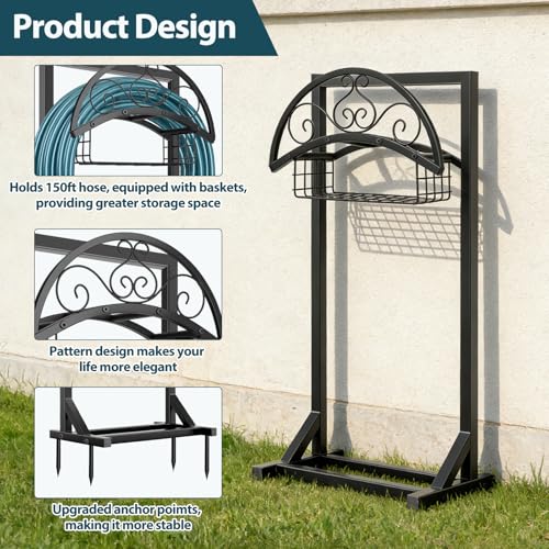 BOLITE Garden Hose Holder, Heavy Duty Freestanding Water Hose Holder, 150ft - color: Glossy Black