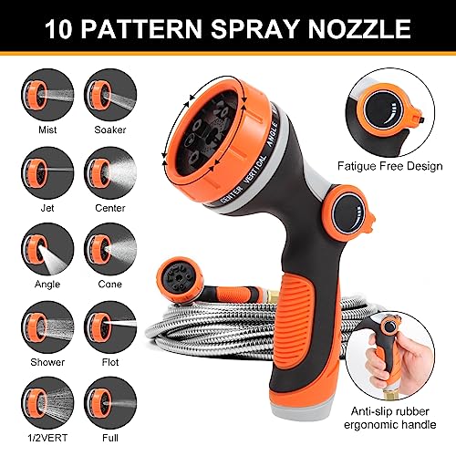 150 ft Garden Hose, Metal Water Hose 100 ft with 10 Function Nozzle & 3/4 Copper Fitting, Heavy Duty & Flexible, Kink Free & Lightweight for Yard, Outdoor, Lawn, Patio & Car - size: 150ft