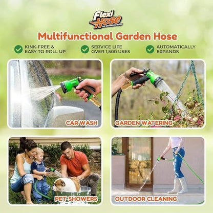 Flexi Hose with 8 Function Nozzle, 50FT - Lightweight Expandable Garden Hose, No-Kink Flexibility, 3/4 Inch Solid Brass Fittings and Double Latex Core - size: 50ft