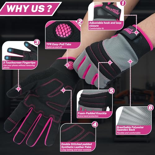 MELOTOUGH Work Gloves for Men Women,Safety Work Gloves for Mechanic,Garden,Yard,Warehouse,Touch Screen Working Gloves - color: Pink (1 Pair), size: Large