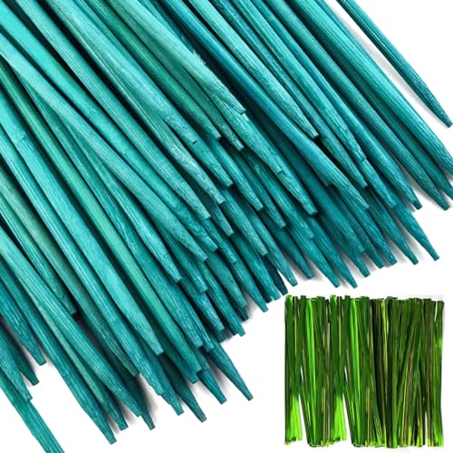 TIHOOD 100PCS 18" Wooden Garden Stakes with 100PCS 4" Garden Ties, Green Bamboo Sticks, Floral Plant Support, Tomato Stakes - color: Green