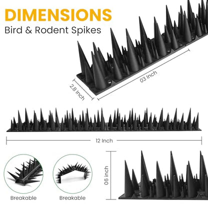 BUGGOFF - Bird & Rodent Spikes, Unique Spike Pattern effecitviely deteres Pesky Pigeons, Squirrels, Raccoons. Installs on Fences, Gates, Roofs, Walls and More! (13 Feet, Black Plastic) - color: Black Plastic