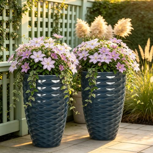 19" Wavy Ceramic-Look Outdoor Planters for Plants Set of 2 Tall Pots - color: 19"h-navy Blue Wavy