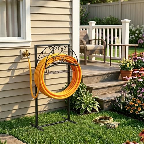Garden Hose Holder – Freestanding Water Hose Reel Stand Heavy Duty Metal, Outdoor Hose Storage Rack for 150-160FT, Portable Water Hose Holder for Outside Yard Patio Lawn