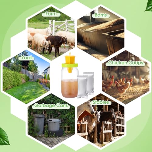 12 Pack Fly Traps Outdoor, Reusable Fly Catcher Bottles with Bait Hanging Flies Traps with Non-Toxic Dissolvable Bait Refills for Flying Insect Drain Patio Garden Yard Barn Outdoor