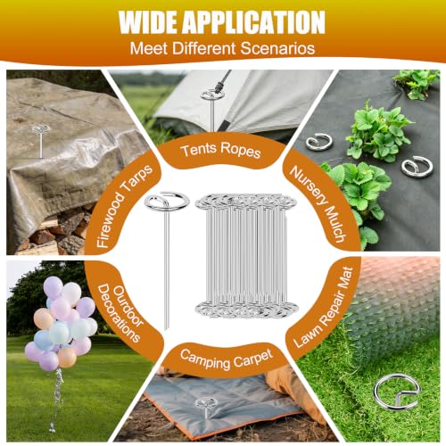 Landscape Fabric Staples,12INCH 120PCS Circle Top Garden Nails with Rubber Hammer,Hook and Gloves,G-Shaped Galvanized 4.0mm Weed Barrier Fabric Yard Pins,Anti-Rust Lawn Pegs for Sod,Turf,Geotextile