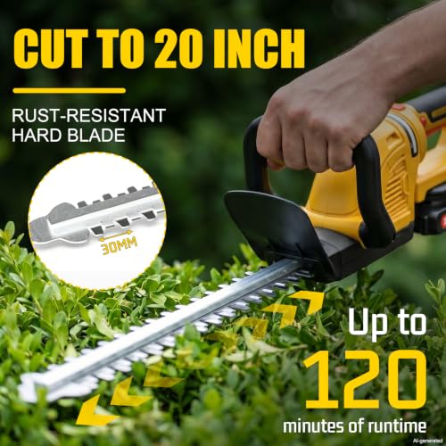 20 in Cordless Hedge Trimmer 180° Rotatable Brushless Electric Bush 12000RPM Head Bush Trimmer Handheld Electric Trimmers for Shrub Trimming, Garden (Green) - color: Yellow-1