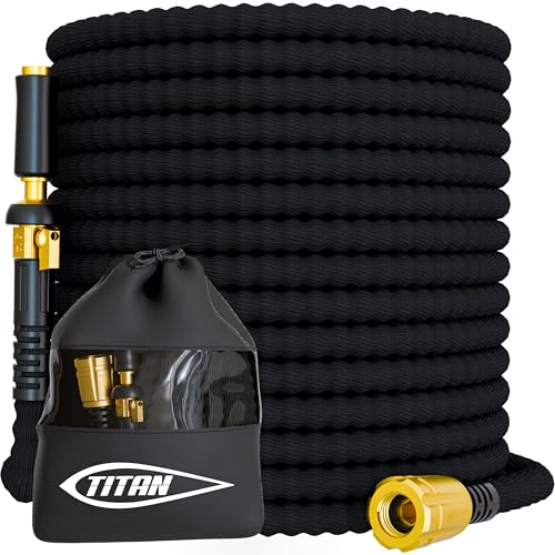TITAN Flexible Garden Hose 50FT – Ultra Lightweight, Heavy Duty Water Hose with Brass Fittings & Jet Nozzle – Kink-Free, Non-Expanding, Durable Fabric Hose for Yard, Lawn, Car Wash, Outdoor Use - color: Black, size: 50FT